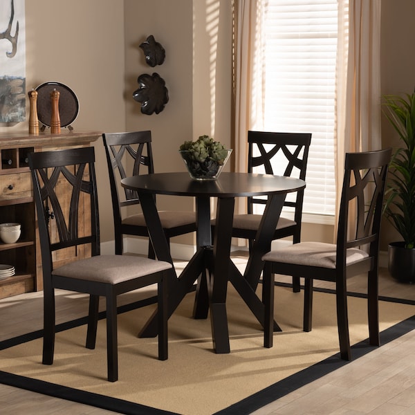 Baxton Studio Reagan Sand Upholstered and Dark Brown Wood 5-Piece Dining Set - 169-8961-10900