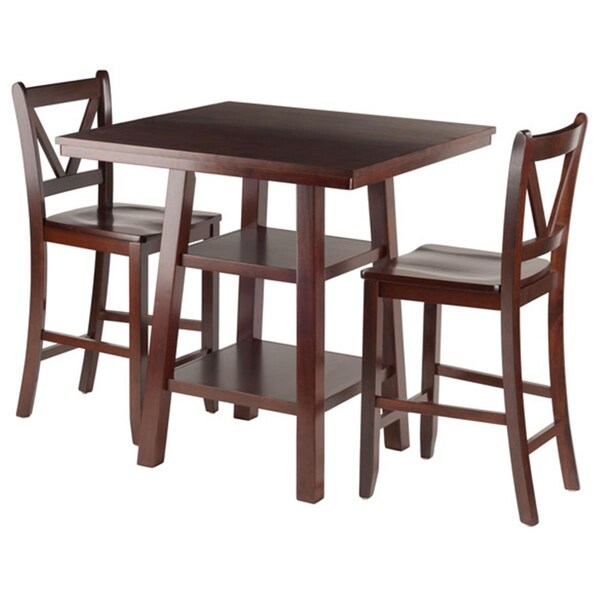 Winsome Trading 3 Piece Orlando High Table 2 Shelves with 2 V-Back Counter Stools Set, Walnut - 94351
