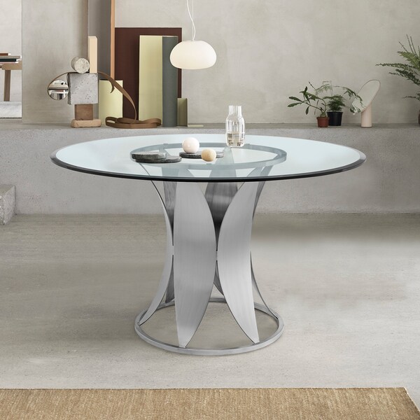 Armen Living Petal Modern Glass and Stainless Steel Round Pedestal Dining Table - LCPTDIGLBS