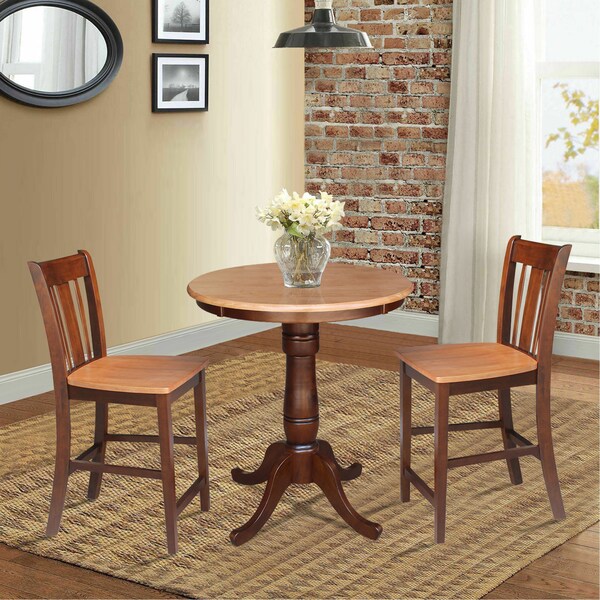 International Concepts Round 30 in Rd Ped Gathering Ht Table, 2 Counter Ht Stools, Cinnamon/Espresso, 30 in W, 30 in L, Wood - K58-30RT-6B-S102-2