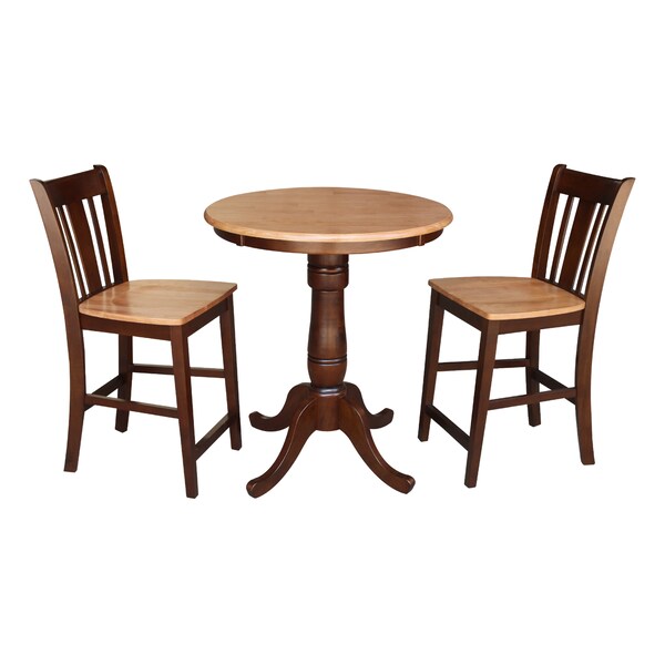 International Concepts Round 30 in Rd Ped Gathering Ht Table, 2 Counter Ht Stools, Cinnamon/Espresso, 30 in W, 30 in L, Wood - K58-30RT-6B-S102-2