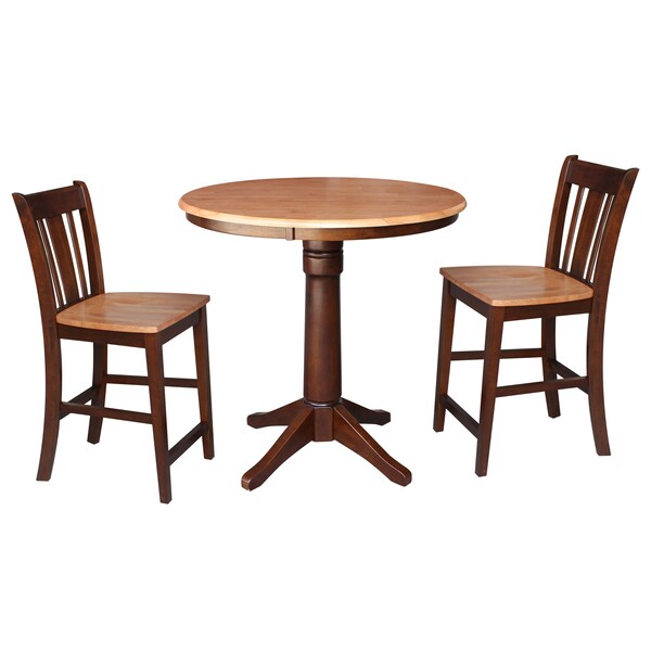 International Concepts Round 36 in Rd Ped Gathering Ht Table, 2 Counter Ht Stools, Cinnamon/Espresso, 36 in W, 36 in L, Wood - K58-36RT-27B-S102-2