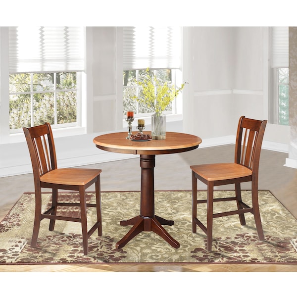 International Concepts Round 36 in Rd Ped Gathering Ht Table, 2 Counter Ht Stools, Cinnamon/Espresso, 36 in W, 36 in L, Wood - K58-36RT-27B-S102-2