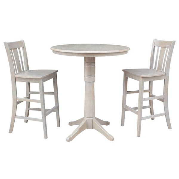 International Concepts Round 36 in Rd Pedestal Bar Ht Table, 2 San Remo Bar Ht Stools, Gray Taupe, 36 in W, 36 in L, Wood - K09-36RT-27B-6B-2-S103-2