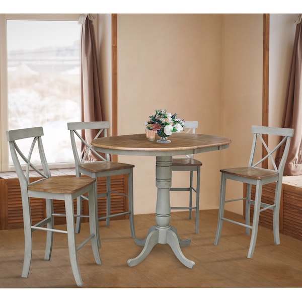 International Concepts Round 36 in Rd Extension Dining Table, 4 X-back Bar Height Stools, Hickory/Stone, 36 in W, 48 in L - K41-36RXT-6B-S6133-4