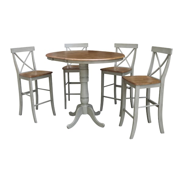 International Concepts Round 36 in Rd Extension Dining Table, 4 X-back Bar Height Stools, Hickory/Stone, 36 in W, 48 in L - K41-36RXT-6B-S6133-4