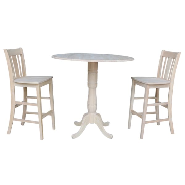 International Concepts Round 42 in Rd Ped Bar Ht Table, 2 Bar Ht Stools, Unfinished, Ready to Finish, 42 in W, 42 in L, Wood - K-42DPT-S103-2