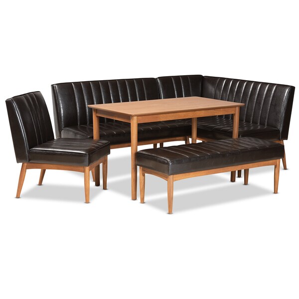 Baxton Studio Daymond Mid-Century Dark Brown Faux Leather and Walnut Brown Finished Wood 5-PC Dining Nook Set - 186-11349-11350-11351-9305-ZORO