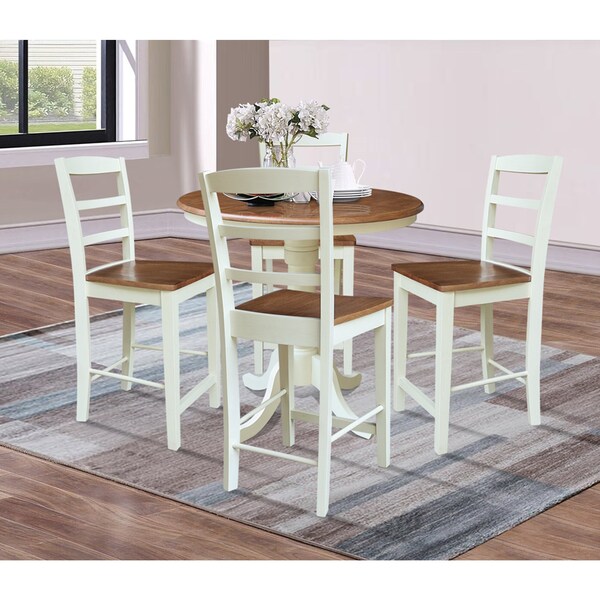 Whitewood Industries Rectangular Fixed Top Extension Pedestal Dining Table W/ 4 Counter Height Stools, 36 in W, 48 in H - K79-36RXT-6B-S402-4