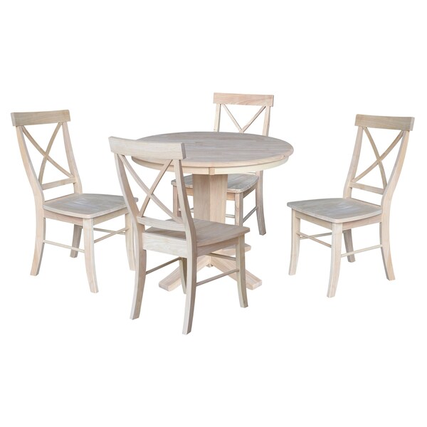 International Concepts 36 in. Solid Wood Round Top Pedestal Dining Table with 4 Chairs, Unfinished - K-36RT-23B-C613-4
