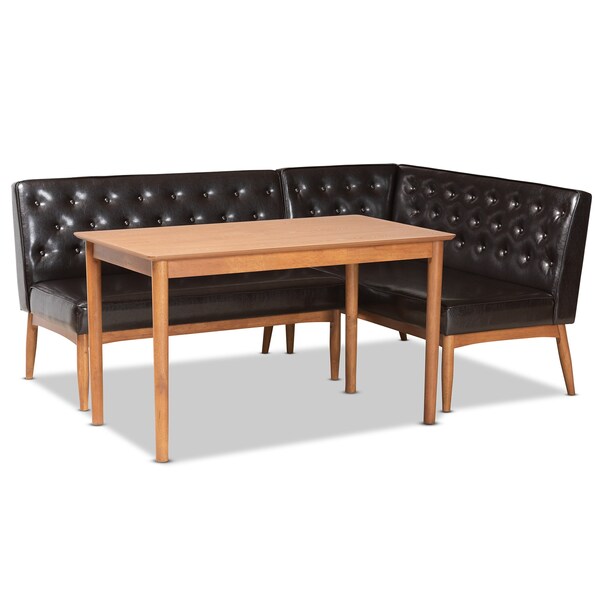 Baxton Studio Riordan Mid-Century Dark Brown Faux Leather and Walnut Brown Finished Wood 3-PC Dining Nook Set - 186-11358-9305-ZORO