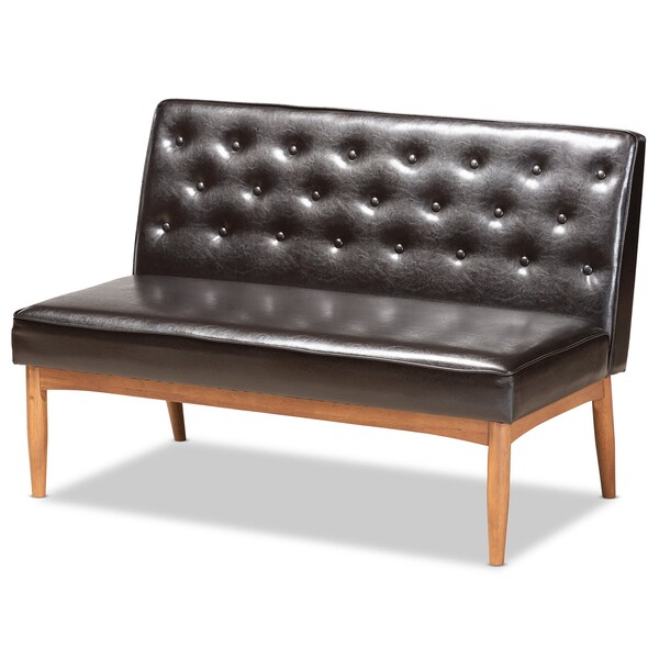 Baxton Studio Riordan Mid-Century Dark Brown Faux Leather and Walnut Brown Finished Wood 3-PC Dining Nook Set - 186-11358-9305-ZORO