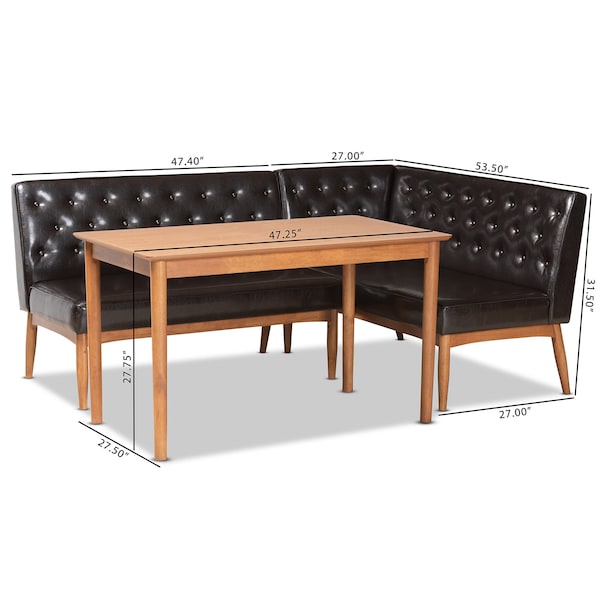 Baxton Studio Riordan Mid-Century Dark Brown Faux Leather and Walnut Brown Finished Wood 3-PC Dining Nook Set - 186-11358-9305-ZORO