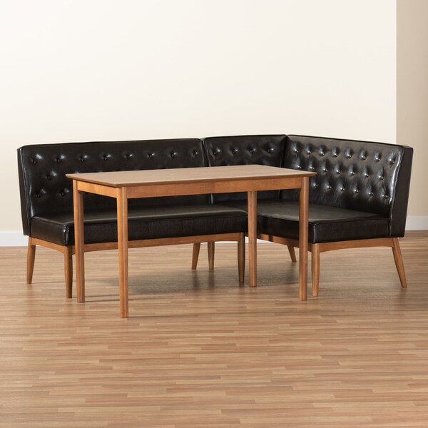 Baxton Studio Riordan Mid-Century Dark Brown Faux Leather and Walnut Brown Finished Wood 3-PC Dining Nook Set - 186-11358-9305-ZORO