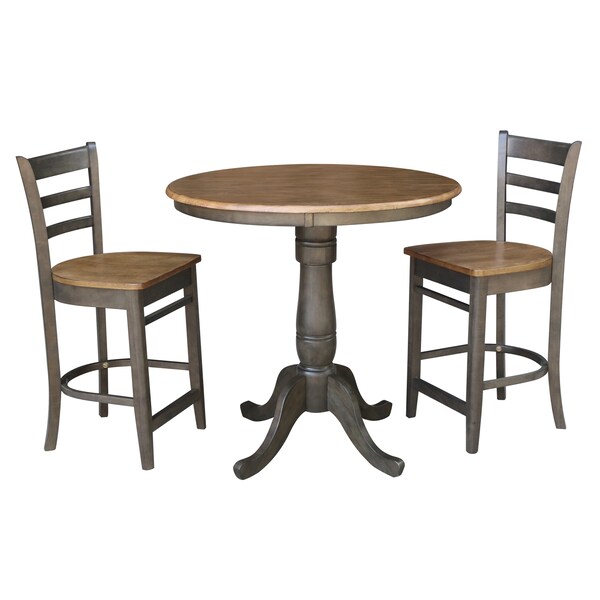 International Concepts Round 36 in Rd Ped Gathering Ht Table, 2 Emily Counter Ht Stools, Hickory/Coal, 36 in W, 36 in L - K45-36RT-6B-S6172-2