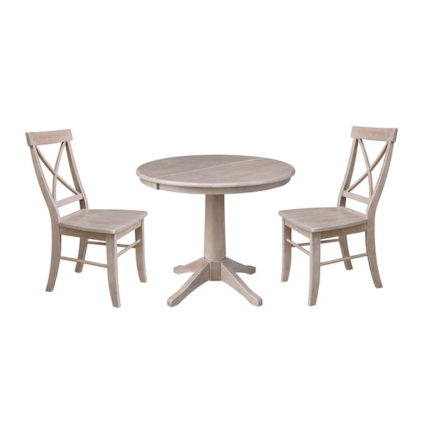 International Concepts Round 36 in Rd Extension Dining Table, 2 X-Back Chairs, Washed Gray Taupe, 36 in W, 48 in L, Wood - K09-36RXT-27B-C613-2