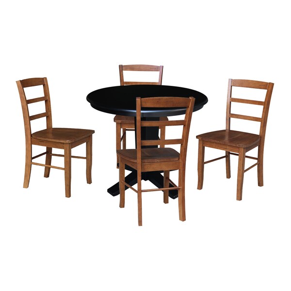 International Concepts 36 in. Solid Wood Round Top Dining Table with 4 Chairs in Black/Distressed Oak - K46-36RT-23B-C42-2-4