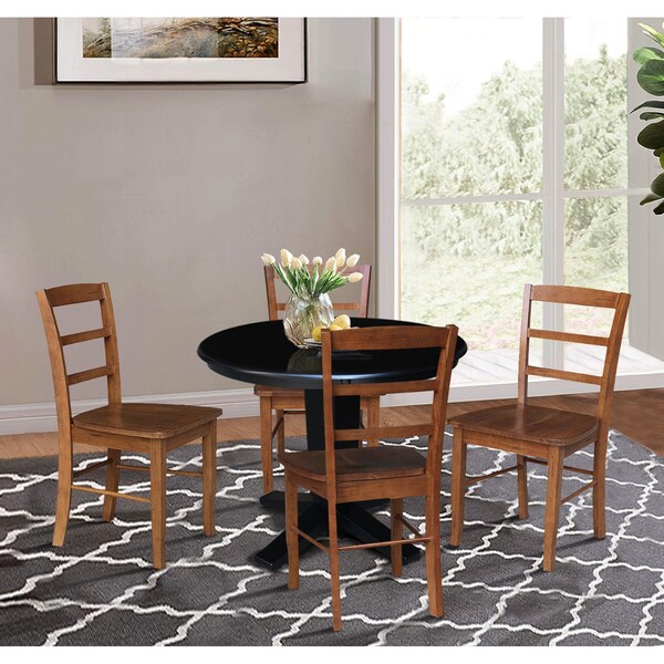 International Concepts 36 in. Solid Wood Round Top Dining Table with 4 Chairs in Black/Distressed Oak - K46-36RT-23B-C42-2-4