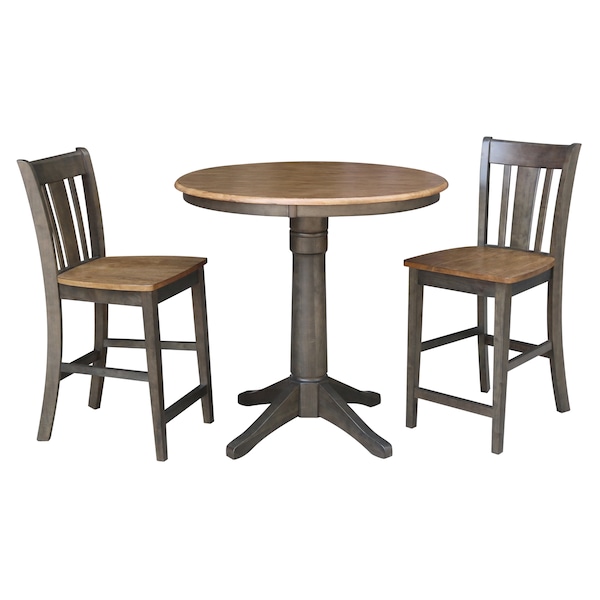 International Concepts Round 36 in Rd Ped Gathering Ht Table, 2 San Remo Stools, Hickory/Coal, 36 in W, 36 in L, 35.1 in H - K45-36RT-27B-S102-2