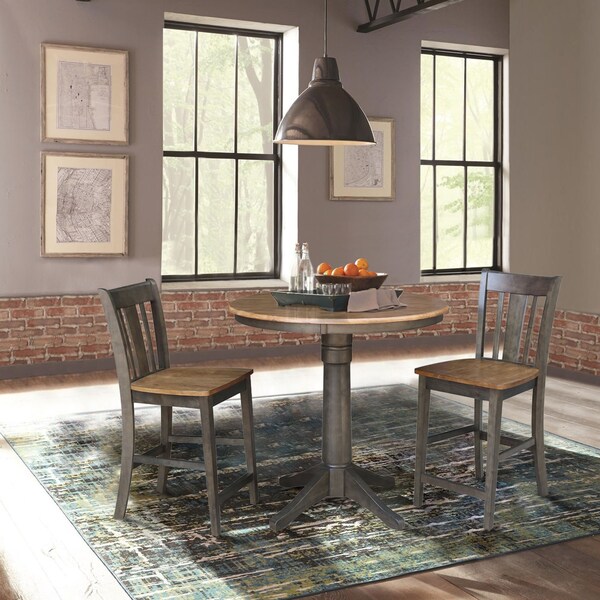 International Concepts Round 36 in Rd Ped Gathering Ht Table, 2 San Remo Stools, Hickory/Coal, 36 in W, 36 in L, 35.1 in H - K45-36RT-27B-S102-2