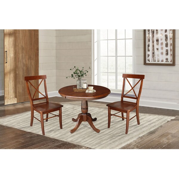 International Concepts Round 36 in Rd Top Pedestal Ext Table, 12 in Leaf And 2 X-Back Chairs, Espresso, 36 in W, 48 in L - K581-36RXT-C613-2