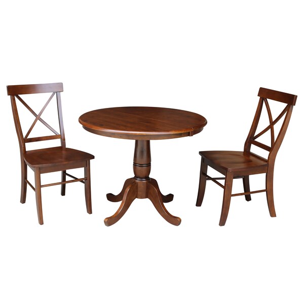 International Concepts Round 36 in Rd Top Pedestal Ext Table, 12 in Leaf And 2 X-Back Chairs, Espresso, 36 in W, 48 in L - K581-36RXT-C613-2