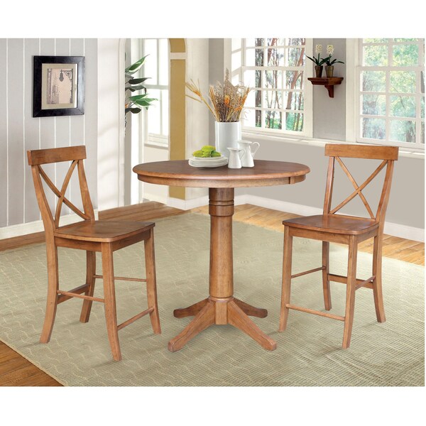 International Concepts Round 36 in Round Extension Dining Table with 2 X-Back Stools, Distressed Oak, 36 in W, 48 in L - K42-36RXT-27B-S6132-2