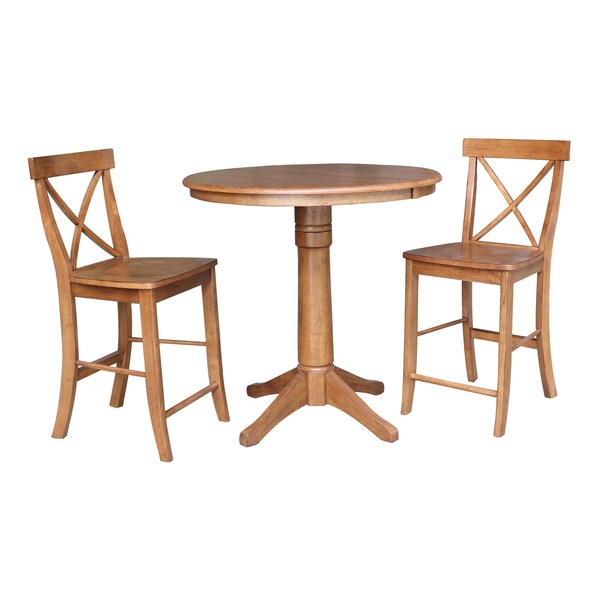 International Concepts Round 36 in Round Extension Dining Table with 2 X-Back Stools, Distressed Oak, 36 in W, 48 in L - K42-36RXT-27B-S6132-2
