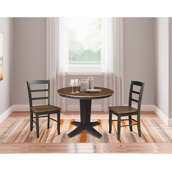International Concepts 36 in. Solid Wood Round Extension Dining Table with 2 Chairs in Hickory/Washed Coal - K45-36RXT-23B-C2-2