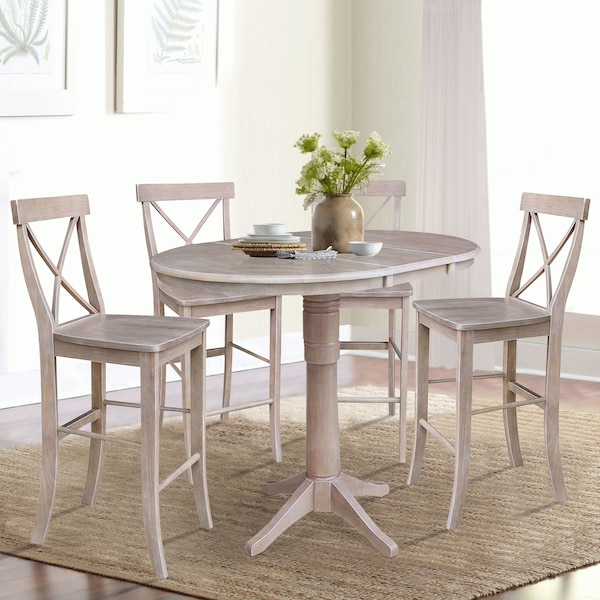 International Concepts Round 36 in Rd Extension Dining Table, 4 Bar Ht Stools, Gray Taupe, 36 in W, 48 in L, 40.9 in H - K09-36RXT-27B-6133-4