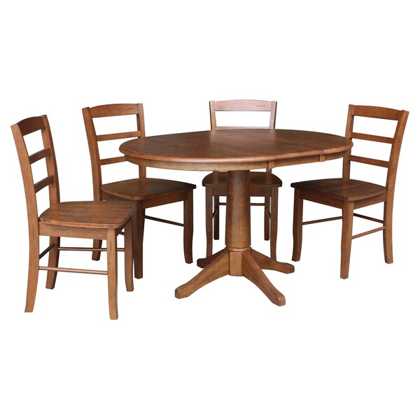International Concepts 36 in. Round Extension Dining Table with Leaf and 4 Madrid LadderBack Chairs - 5 Piece Dining Set - K42-36RXT-27B-C2-4