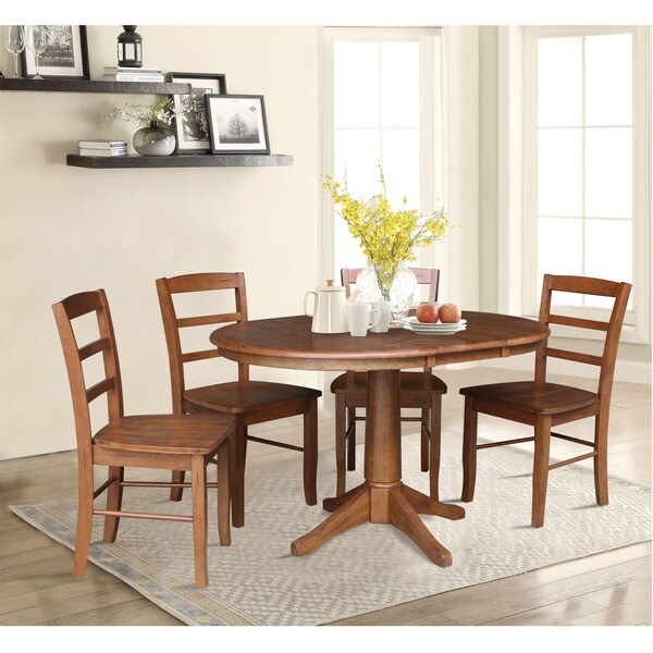 International Concepts 36 in. Round Extension Dining Table with Leaf and 4 Madrid LadderBack Chairs - 5 Piece Dining Set - K42-36RXT-27B-C2-4