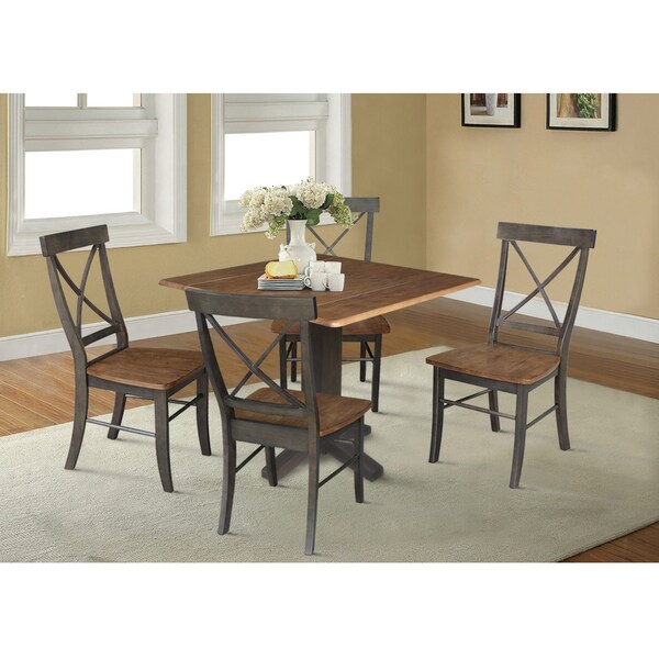 International Concepts 36 in. Solid Wood Square Dual Drop Leaf Dining Table with 4 Chairs in Hickory/Washed Coal - K45-36SDP-C613-4