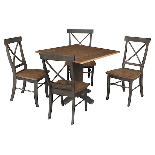 International Concepts 36 in. Solid Wood Square Dual Drop Leaf Dining Table with 4 Chairs in Hickory/Washed Coal - K45-36SDP-C613-4