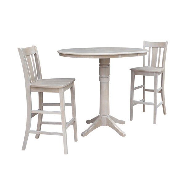 International Concepts Round 36 in Rd Extend Dining Table 40.9 inH, 2 San Remo Bar Ht Stools, Gray Taupe, 36 in W, 48 in L - K09-36RXT-27B-S103-2