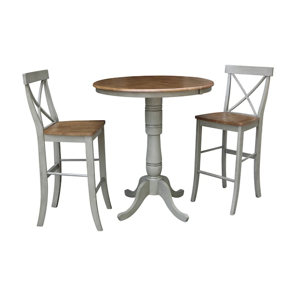 International Concepts Round 36 in Rd Extension Dining Table, 2 X-Back Bar Height Stools, Hickory/Stone, 36 in W, 48 in L - K41-36RXT-6B-S6133-2