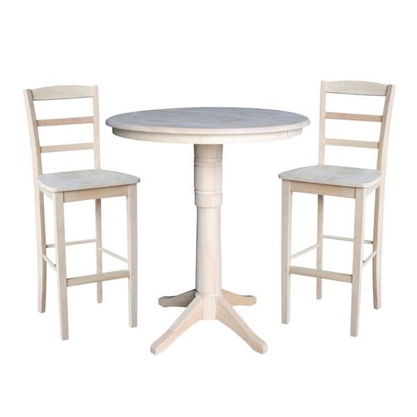 International Concepts Round 36 in Rd Extension Dining Table 40.9 inH, 2 Madrid Bar Ht Stools, Unfinished, 36 in W, 48 in L - K-36RXT-27B-S403-2