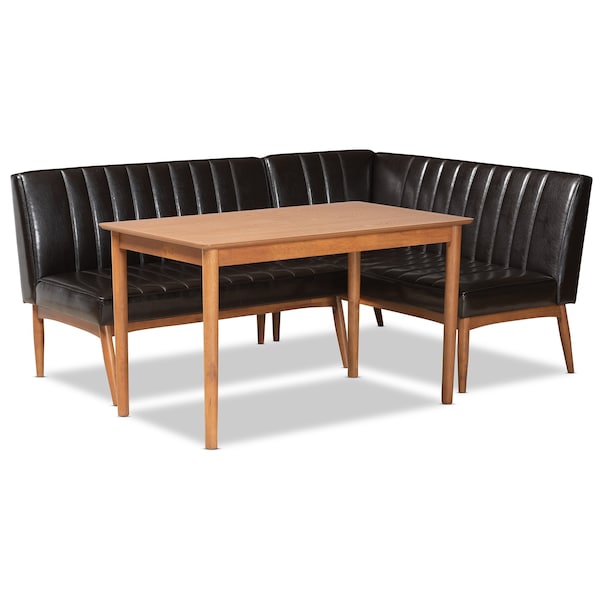 Baxton Studio Daymond Mid-Century Dark Brown Faux Leather and Walnut Brown Finished Wood 3-PC Dining Nook Set - 186-11349-9305-ZORO