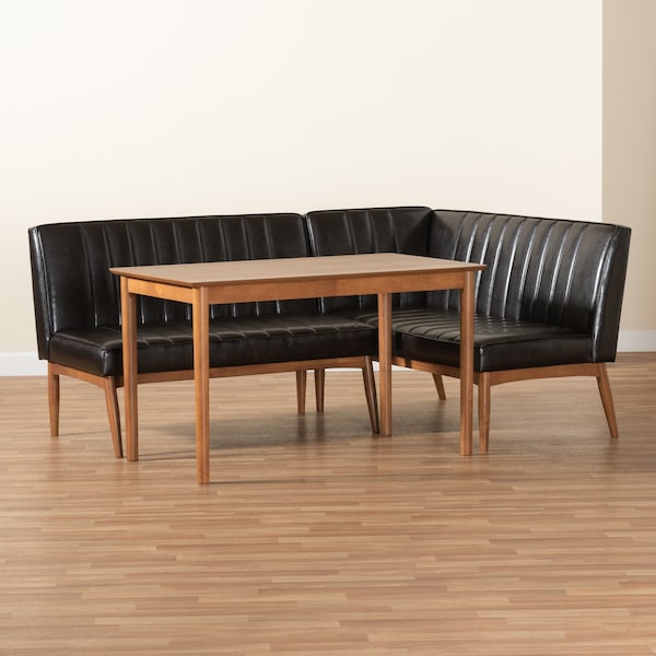 Baxton Studio Daymond Mid-Century Dark Brown Faux Leather and Walnut Brown Finished Wood 3-PC Dining Nook Set - 186-11349-9305-ZORO