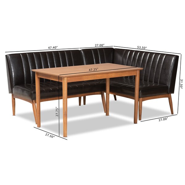 Baxton Studio Daymond Mid-Century Dark Brown Faux Leather and Walnut Brown Finished Wood 3-PC Dining Nook Set - 186-11349-9305-ZORO