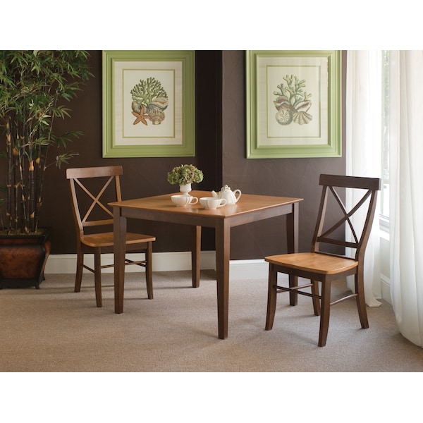International Concepts Square 36X36 Dining Table with 2 X-Back Chairs, Cinnamon/Espresso, 36 in W, 36 in L, 30 in H, Wood - K58-3636-C613-2