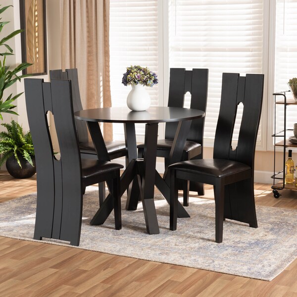 Baxton Studio Senan Dark Brown Upholstered and Finished Wood 5-Piece Dining Set - 170-8036-10900