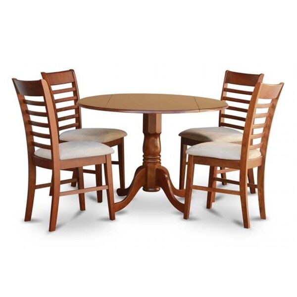 East West Furniture East West Furniture DLML5-SBR-C 5PC Kitchen Round Table with 2 Drop Leaves and 4 Ladder-back Chairs with Microfiber Upholstered Seat - DLML5-SBR-C