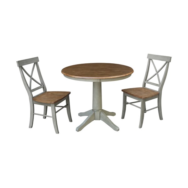 International Concepts Round 36 in Rd Top Pedestal Table, 2 X-Back Chairs, Hickory/Stone, 36 in W, 36 in L, 29.1 in H, Wood - K41-36RT-27B-C613-2