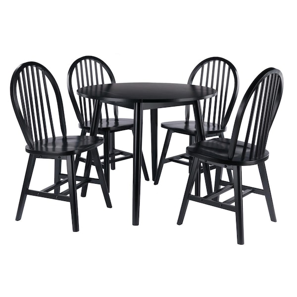 Winsome Trading Moreno Drop Leaf Dining Table with Windsor Chairs, Black - 5 Piece - 20587