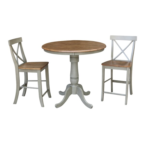International Concepts Round 36 in Rd Ped Gathering Ht Table, 2 X-Back Counter Ht Stools, Hickory/Stone, 36 in W, 36 in L - K41-36RT-6B-S6132-2