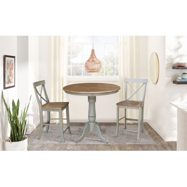 International Concepts Round 36 in Rd Ped Gathering Ht Table, 2 X-Back Counter Ht Stools, Hickory/Stone, 36 in W, 36 in L - K41-36RT-6B-S6132-2