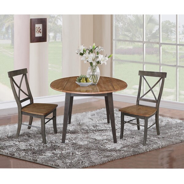 International Concepts 42 in. Solid Wood Round Dual Drop Leaf Dining Table with 2 Chairs in Hickory/Washed Coal - K45-42DL-C613-2