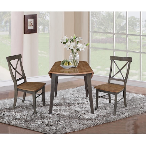 International Concepts 42 in. Solid Wood Round Dual Drop Leaf Dining Table with 2 Chairs in Hickory/Washed Coal - K45-42DL-C613-2