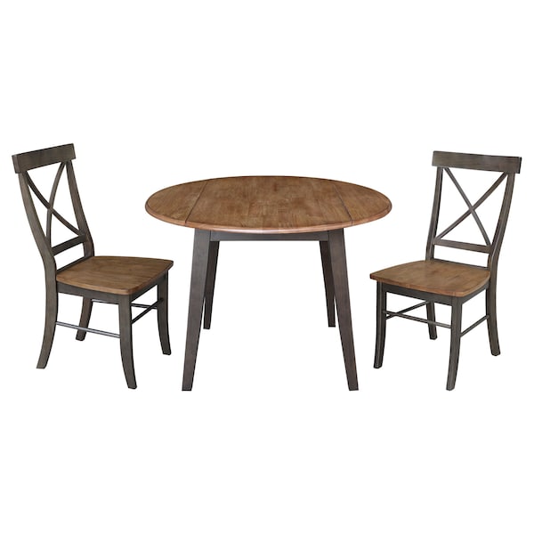 International Concepts 42 in. Solid Wood Round Dual Drop Leaf Dining Table with 2 Chairs in Hickory/Washed Coal - K45-42DL-C613-2